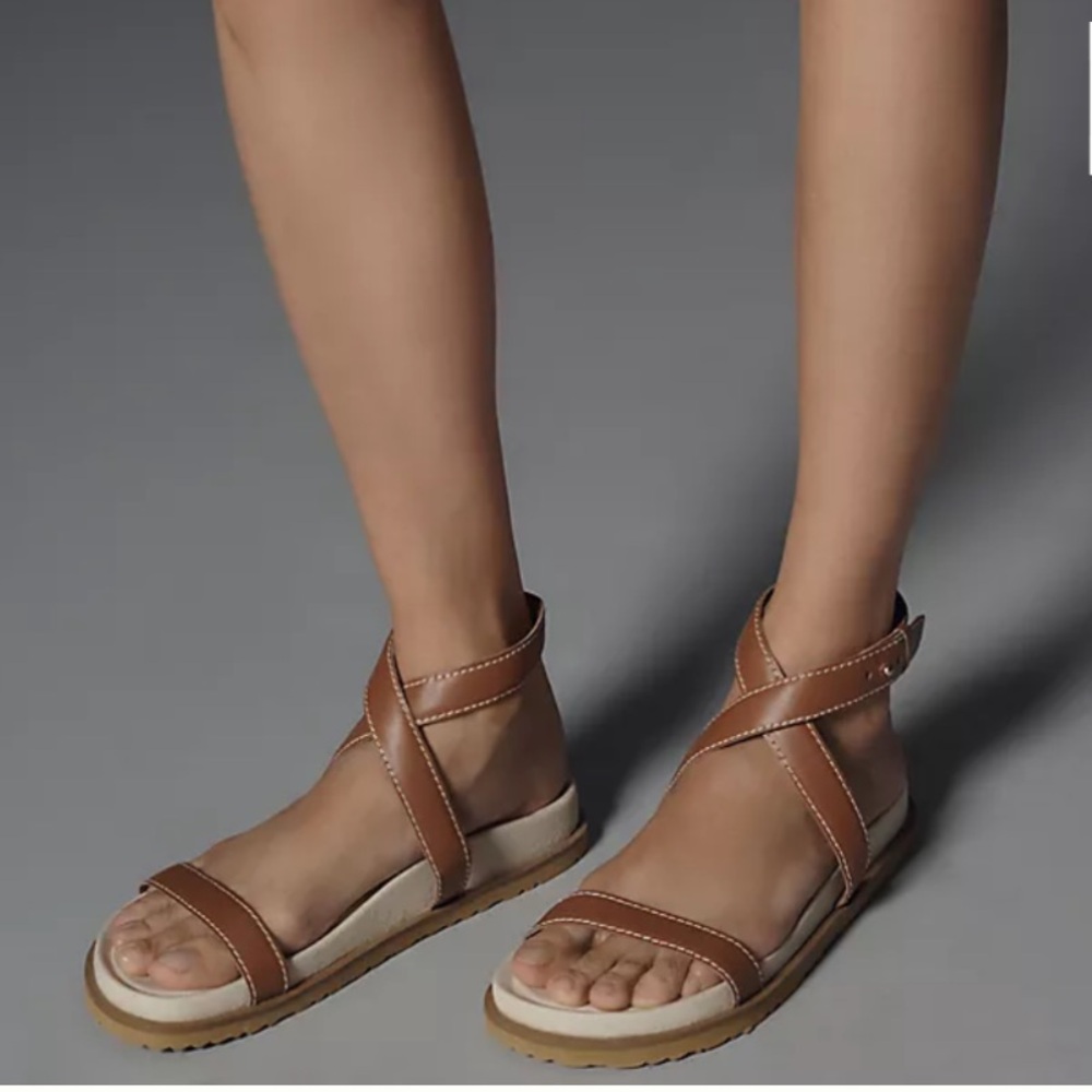 Anthropologie Tan Leather Ankle-Strap Flat Sandals - Picture 3 of 9